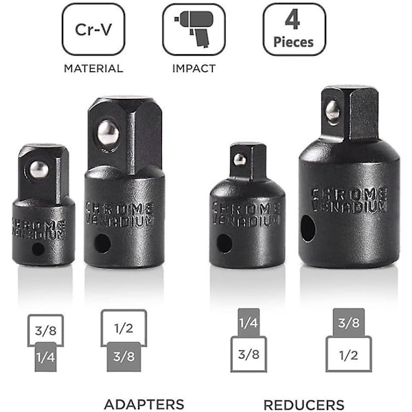 4-delad öknings- och reduceringssats spärrnyckeladapterreducerare adaptrar för 1/2\" 1/4\" 3/8\" drivhylsor och bits