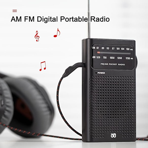 Kannettava AM/FM-radio pitkän kantaman vastaanotolla sisä-, ulko- ja hätäkäyttöön - Kaiutin ja kuulokeliitäntä mukana (musta)