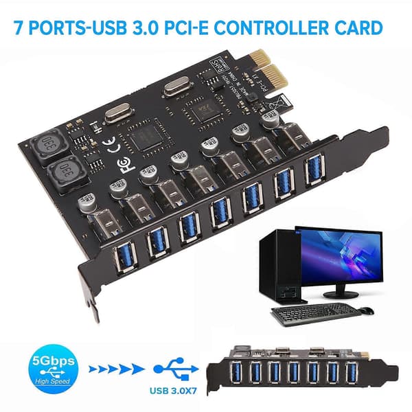 USB 3.0 PCI-E Utvidelseskort Adapter 7 Porter Hub Adapter Ekstern Kontroller PCI-E Utvider PCI Kort
