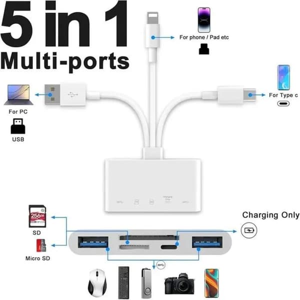 5-i-1 Hukommelseskortlæser - OTG-adapter - iPhone/iPad - USB-C - USB-A - LAN