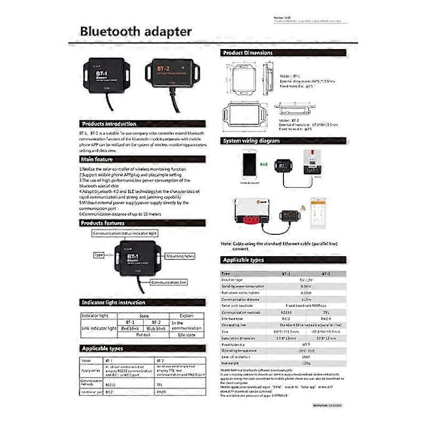 BT-2 Solarkontroller Utöka Bluetooth-kommunikation Bluetooth-adapter Samarbete med mobiltelefon
