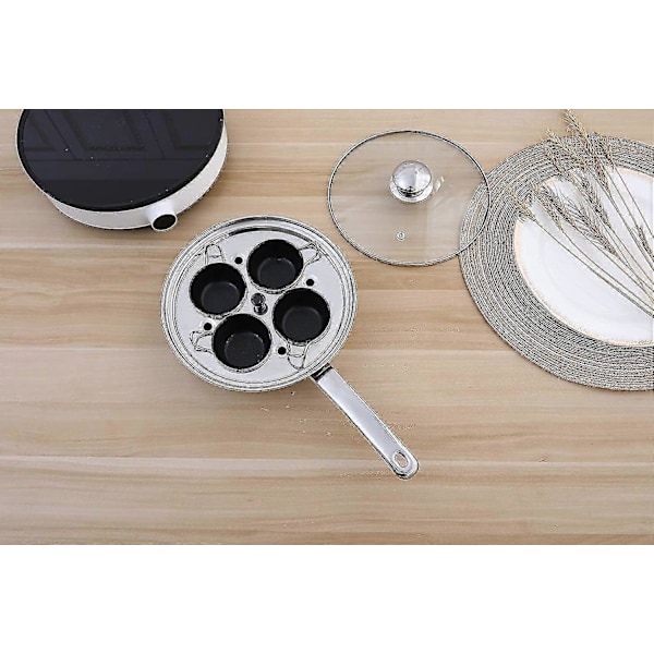 Äggkokare med 4 Koppar - Äggkokare i Rostfritt Stål för Pocherade Ägg, Induktionshäll, Äggkokare Set med 4 Nonstick Stora Silikon Äggkokare Koppar