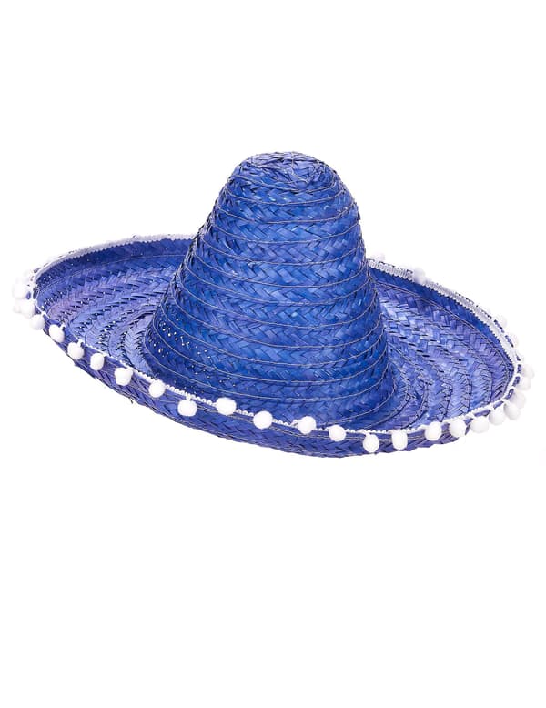Blå sombrero med vuxen-pom poms