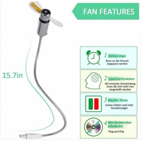 Mini USB-urventilator. Fleksibel svanehals LED-urventilator med tidsvisning via USB.