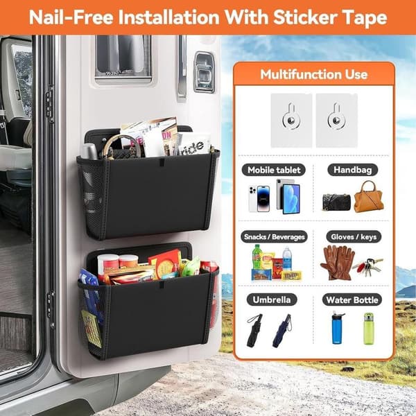 2 x RV Door Organizer, Black, 2 Pieces, Wall Mount, Hanging Bag with Large Compartments, Organizing Solutions for RV