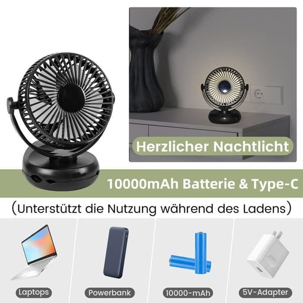 3-i-1 Ventilator - Mini - 10.000 mAh Batteri - 4 Hastigheder - 360° Klips