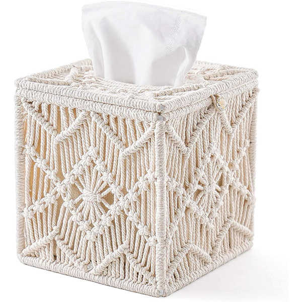 Kudospaperilaatikon Päällinen Boho Sisustus Neliön Muotoinen Paperipyyhepidike Helmillä ja Makrameella