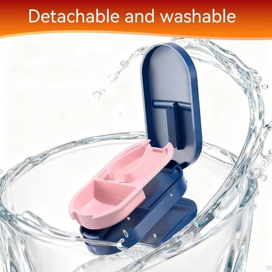 Pill splitter, V-shaped design for various pill sizes, precise cutting, compact with storage compartment, blue