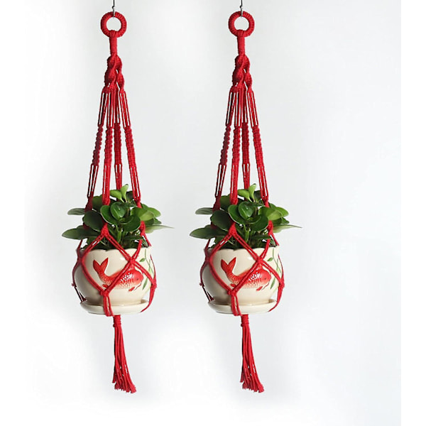 Set med 2 Macrame-växtupphängningar, handgjorda bomullsrepshängande krukor, blomkruksställ, inomhusväxtupphängningar röd röd