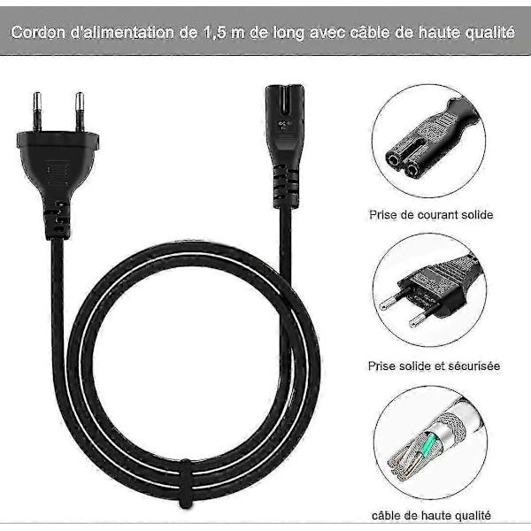 1,5 m oplader 2-benet strømkabel til Microsoft Surface Go/laptop/book, Surface Pro 1/2/3/4/5/6/7/x, HP Envy, Canon Pixma