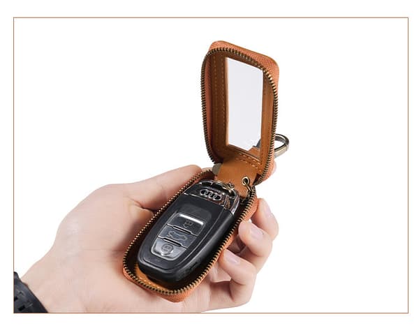 Leather Car Key Cover with Transparent Window, Slim Single-Layer Vertical Design Model 1