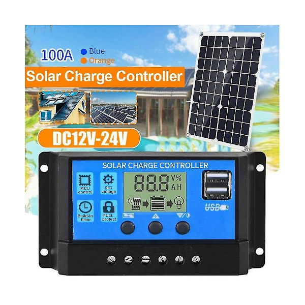 100A Solcelleladningsregulator, Solpanel Batteri Intelligent Regulator Med Dobbelt USB Port, Multifunktionsregulator