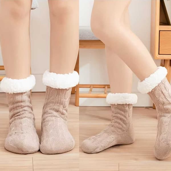 Fluffy Warm Knitted Socks Slippers with Anti-slip Beige