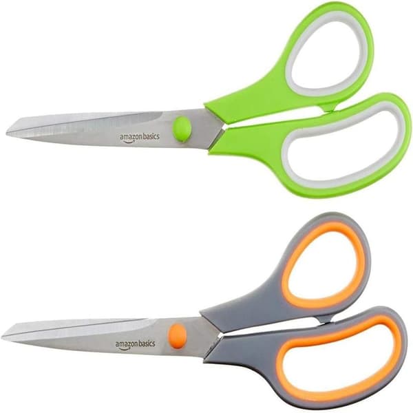 Basic Stainless Steel Scissors for Office, Craft, and Universal Use, Sharp, Comfortable Grip, PVD Coated, 2-Pack, Green and Gray