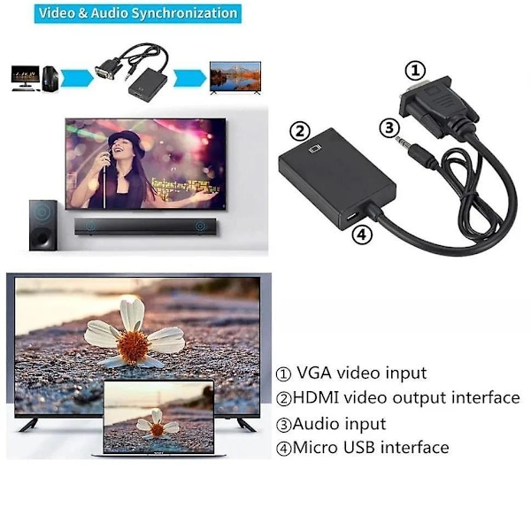 1080P HD VGA till HDMI-konverteringsadapterkabel med 3,5 mm ljudutgång Han VGA till Hon HDMI-adapter för PC-bärbar dator till HDTV-projektor