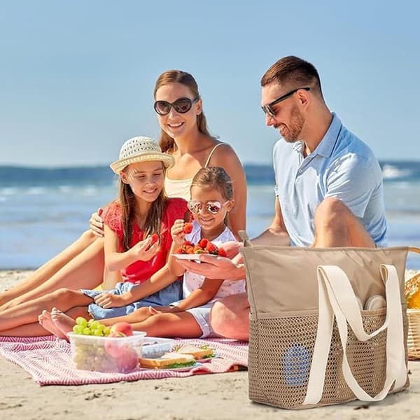 Women's Beach Bag - Large Capacity Beach Tote - Family Beach Bag - Foldable - Multiple Compartments - Waterproof Mesh Beach Bag - Gi