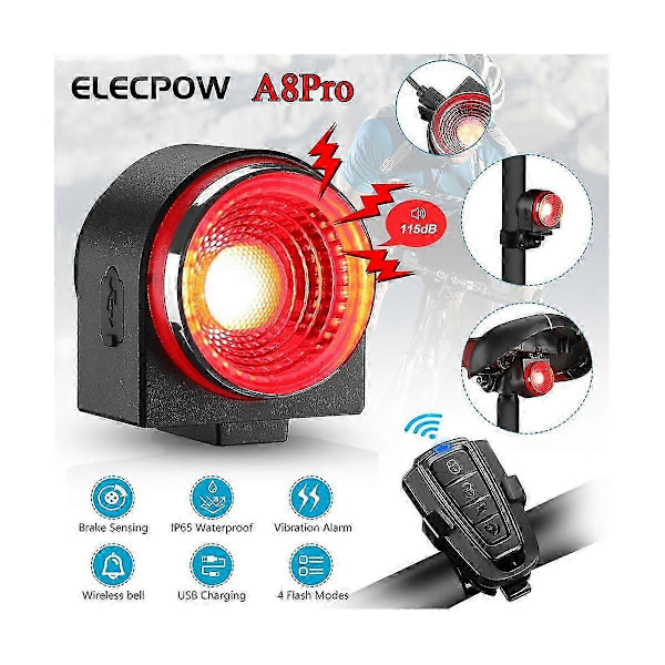 Cykelalarm Baglygte USB Opladning IPX65 Vandtæt Cykel Baglygte Bremsesensor Cykellampe En