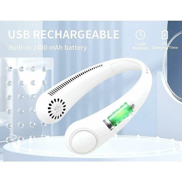Bærbar halsventilator. USB-halsventilator, bladløs og håndfri. Tre ventilatorhastigheder. (Hvid)