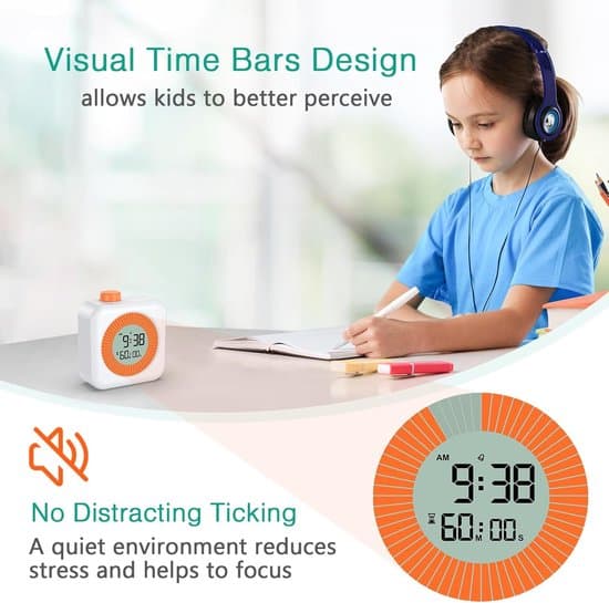 Digital visuel timer, 3-i-1 60-minutters nedtælling med stor LCD-skærm, 12/24 timer, lydløs drift, timer med knap