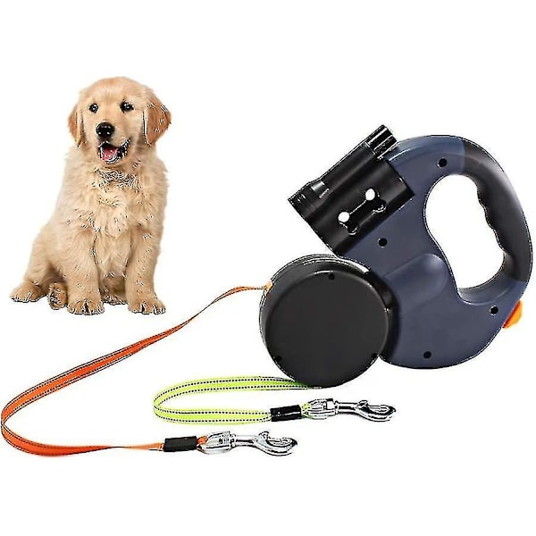 Retraherbar dubbel hundkoppel, 3m dubbel hundkoppel kompatibel med två hundar flexibel dubbel hundkoppel med halkfritt handtag, kompatibel med små och medelstora hundar