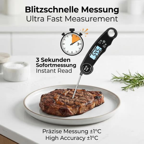 Digital Meat Thermometer - Grill Thermometer, Kitchen Thermometer, Baking Thermometer - The ideal grill thermometer for grilling, steak and baking.
