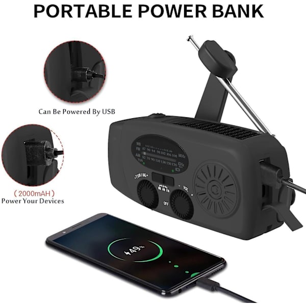 Opptrekkbar Nødradio, Bærbar Håndsveiv Solcelle Radio Med Am/fm Med 2000 Mah Oppladbar Powerbank, Sos Alarm, Led Lommelykt Dynamo Radio,usb Mobil
