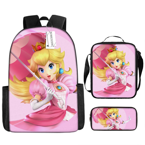 Super Mario Princess Ryggsäck Skolväska Case Lunchväska i tre set