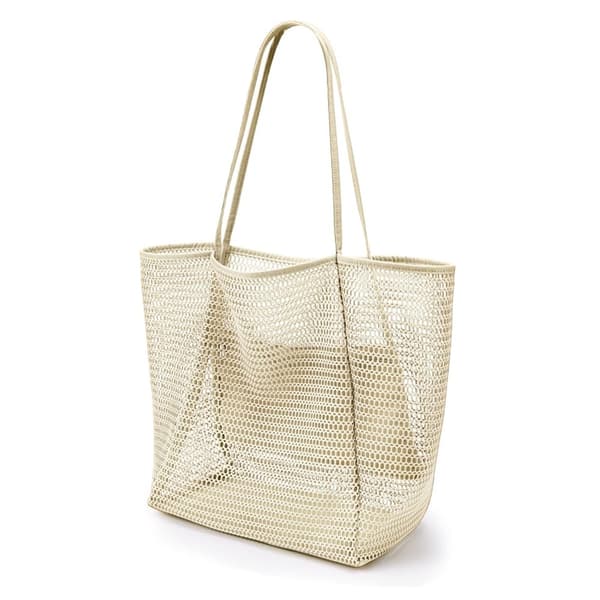 Foldable Beach Bag, Mesh Tote Bag for Women Beige