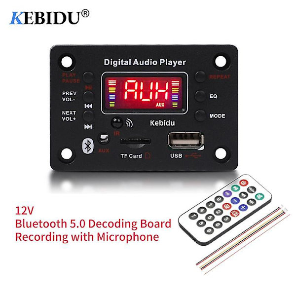 DC 12V Bluetooth 5.0 Dekoderkort Bil MP3-spiller Kan Ta Opp Mikrofon Lydforsterker for Høyttalermodifisering Støtte FM TF SD USB AUX