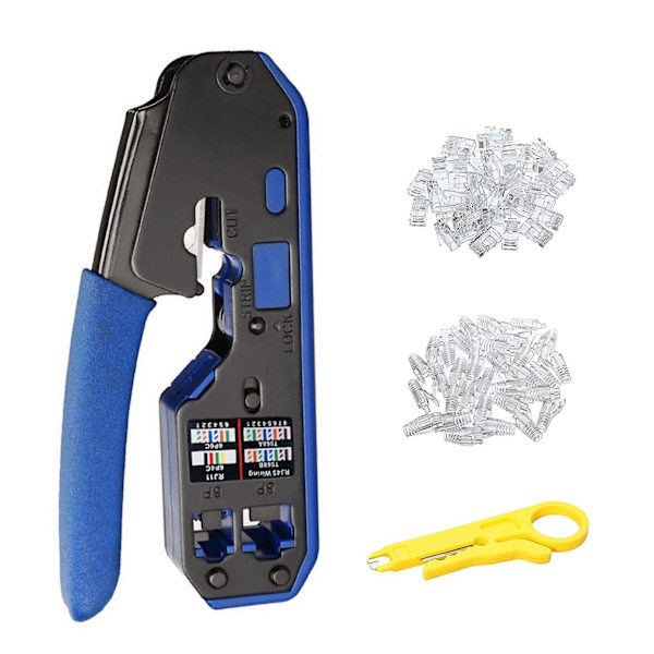 RJ45 Crimpverktygssats All-in-one Avskärare med 50 st Cat6 Genomgående Kontakter 50 st RJ45 C