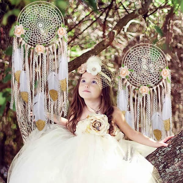 Vævet Blomst Fjer Drømmefanger Boho Macrame Hængende Drømmefanger DIY Vind Vægkunst Bryllup Dec