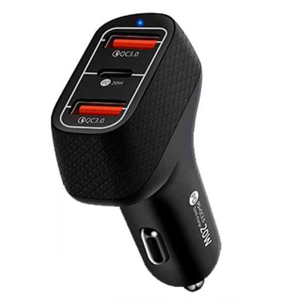 Biloplader 3 USB Superhurtig 20W PD Quick Charge 3.0