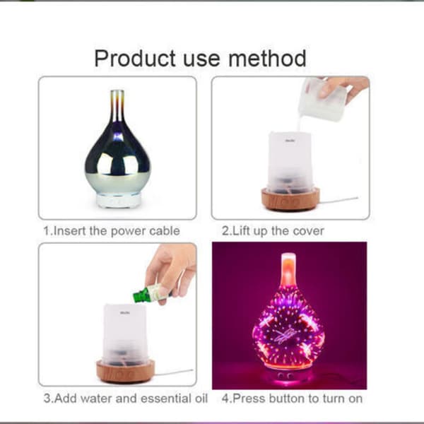 Elektrisk luftdiffuser luftfukter for eteriske oljer Ultralyd Aroma Diffuser 120 ML Automatisk avslåing for hjemmekontor Spa (3D-glass)