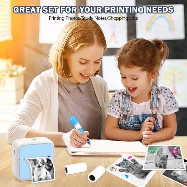Pocket Printer for iPhone/Android, Thermal Printer with 5 Rolls Non-Adhesive Paper, Bluetooth for Notes, Memos, and Photo Studies, Blue