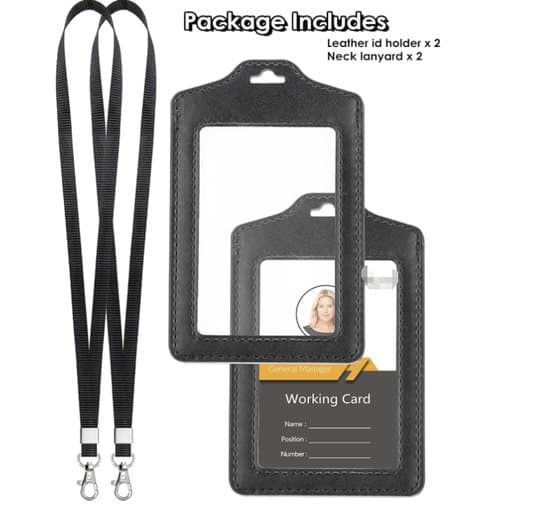2-piece double-sided transparent card holder with lanyard, PU leather, for work/subway.