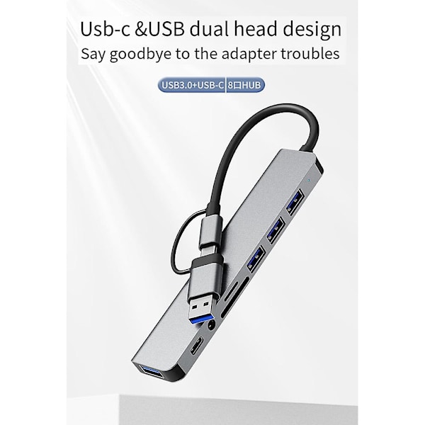 USB-dockningsstation, 8-i-1-hub, med PD100W, SD/TF, Audio 3.5, 4 USB-portar, för bärbara datorer, T