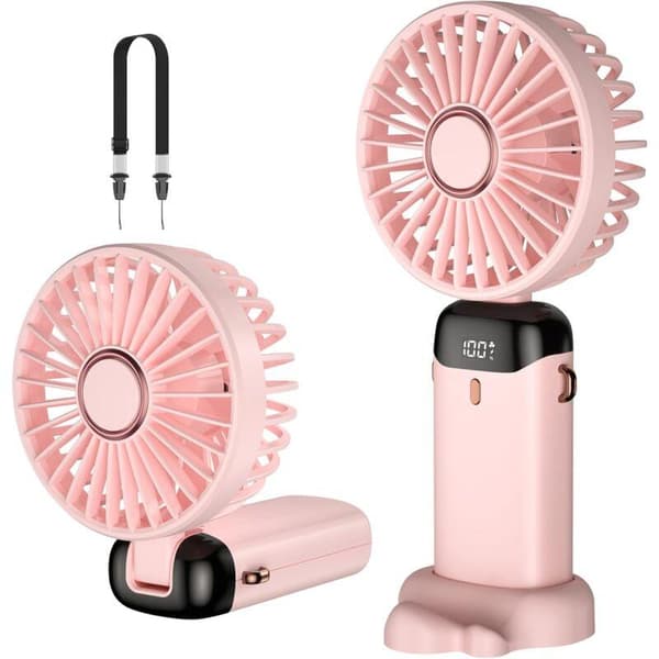 Mini bærbar ventilator, USB genopladelig, 5 blæserhastigheder, leveres med base, foldbar bordventilator.