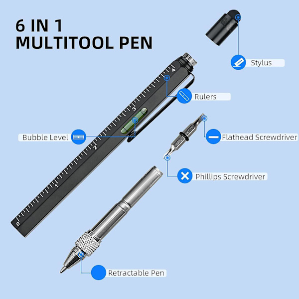 Multiverktygs Penna Coola Prylar, Nyhetspenna med Pekstift, Vattenpass, Linjaler, Skruvmejslar, Födelsedagspresenter för