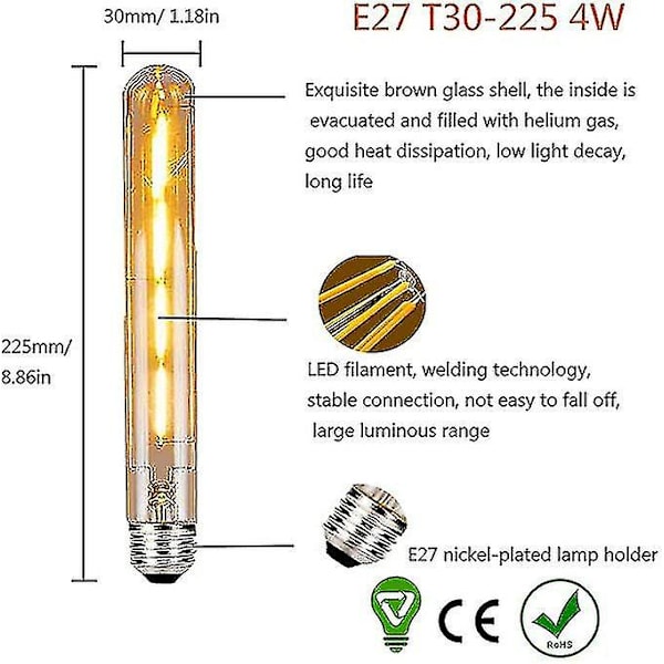 2-pack T30 E27 långa rörformade LED-lampor, Edison retro vintage dekorativa rörformade glödlampor 4w (ersätter 40w halogen skruvlampa) t30 glödtråds LED-lampa varm