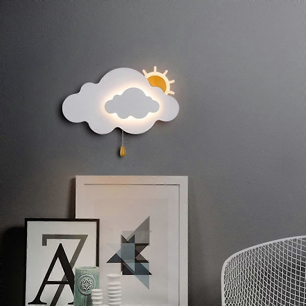 Vegglampe for barn med bryter, skyformet vegglampe innendørs for jente- og gutterom, hvit 2024THO
