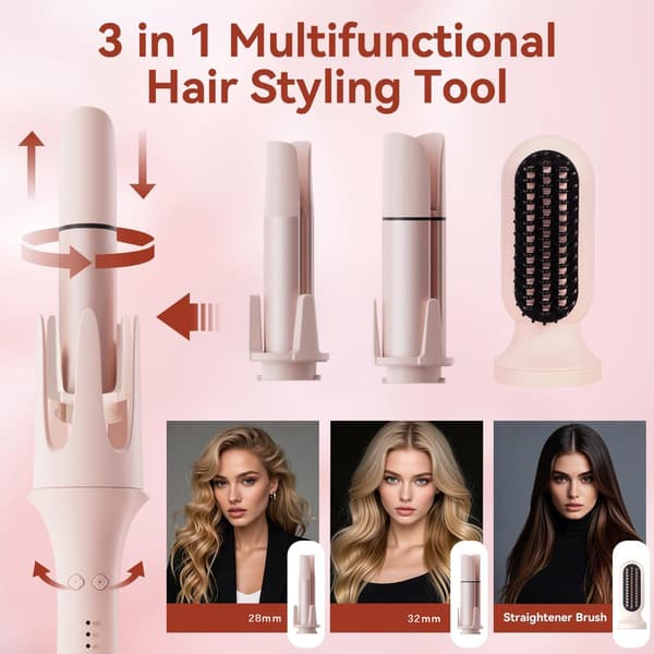 3-i-1 Automatic Curling Iron with 2 Ceramic Barrels (2.5 cm & 3.2 cm), Straightening Comb, 3 Temperatures, Timer & Ion Function