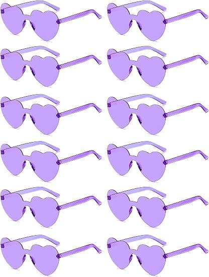 12 par unisex hjerteformede solbriller, stilige rammeløse transparente hjerteformede solbriller, festfavoritt - lilla