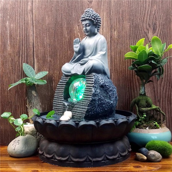 Resin Buddha Statue Vandfontæne Feng Shui LED Have Dekoration