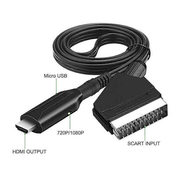SCART til HDMI Konverter Scart til HDMI Kabel Video Audio Kobling 720P/1080P Adapterkabel for HDTV, Monitor, Projektor, Skjerm, VHS