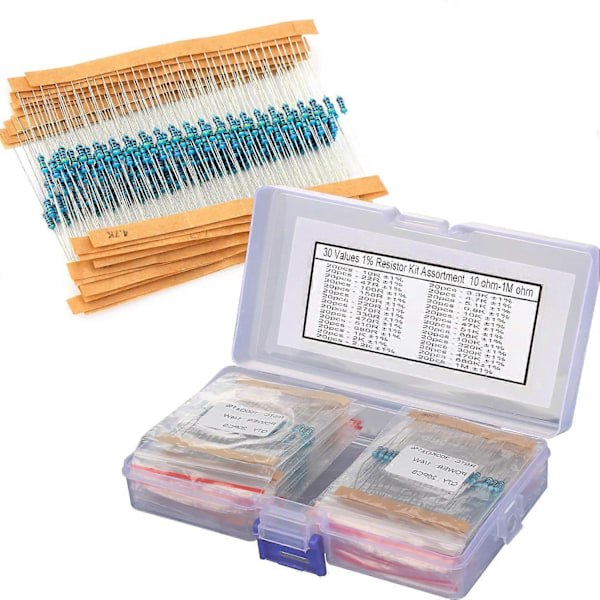 600 stk. Metallfilmresistor Kit Assortert Kit 30 Verdier Metallfilmresistor Motstand 1/4W 1ohm-10Mohm 1% Toleranse