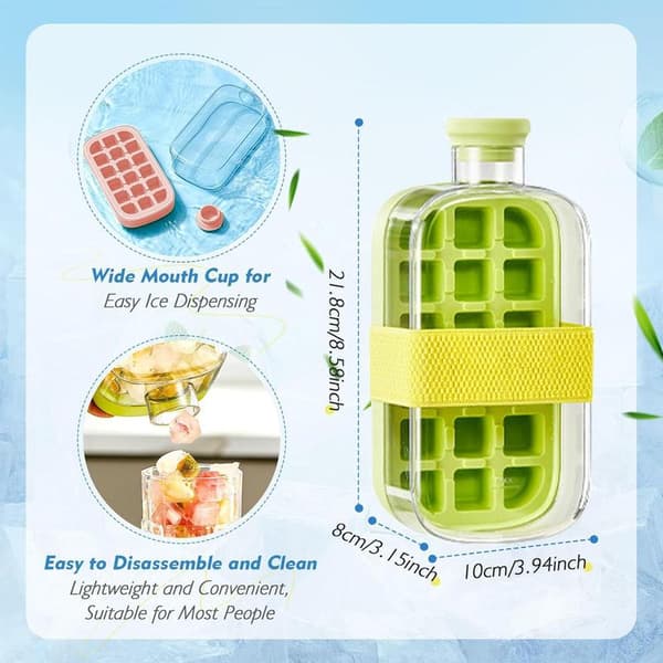 Ice Cube Bottle, 2-in-1 Ice Cube Mold, with Lid and Strap. Easy to Press to Release. Vertical, Cool Summer Ice Cube Mold for Freezer.