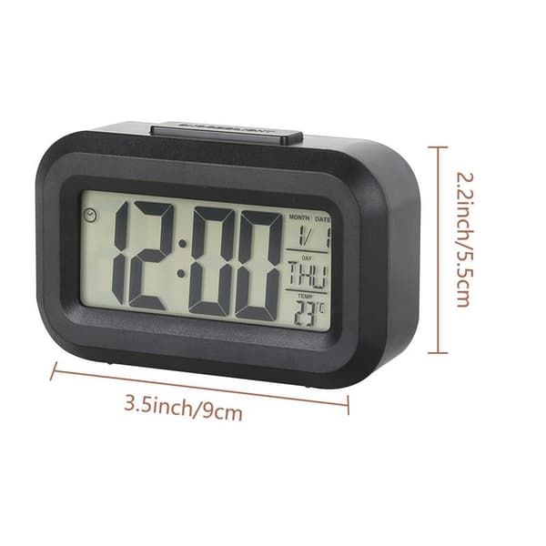 Small Digital Alarm Clock, Bedside Table with Large Display, Illuminated Temperature Calendar, Battery Powered Alarm Clock, Bedroom Desk (Black).