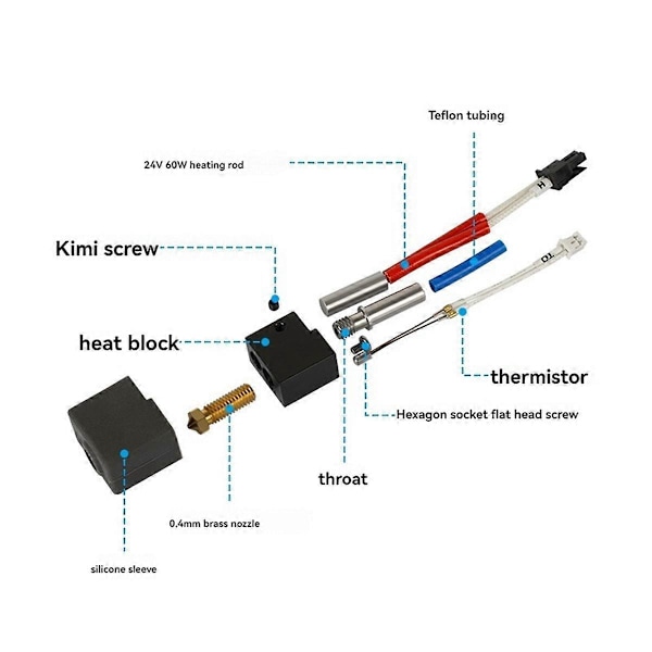 24V 60W Hotend Kit Termistor Värmare Hals för KingRoon KP3S V1 Extruder Hot End Kit 0.4mm Mässing No