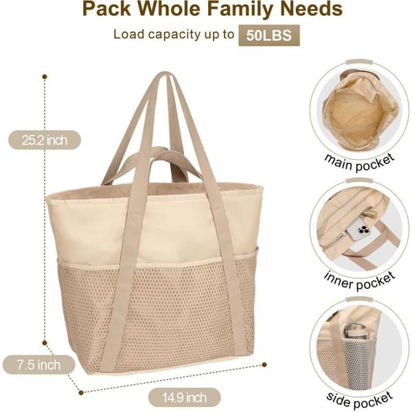 Rantakassi - vetoketjullinen rantakassi - naisten rantakassi - vedenpitävä vetoketjullinen rantakassi - Beige - Polyesteri