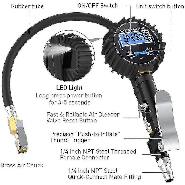 Digital Däcktrycksmätare 250 Psi, Högprecisions Digital Däcktrycksmätare Med Uppblåsningsvapen